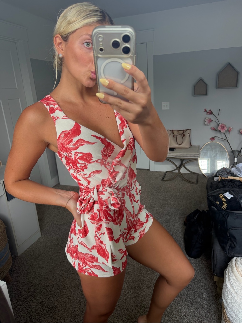 Floral Red & White Ruffle Romper